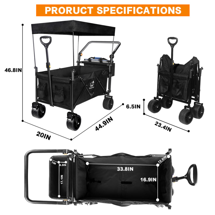 Collapsible Wagon 140L Wagons Carts Foldable With Removable Canopy, Folding Wagon Cart With Wheels For All Terrain With Brake, Foldable Wagon With Cooler Bag, For Camping Beach Shopping