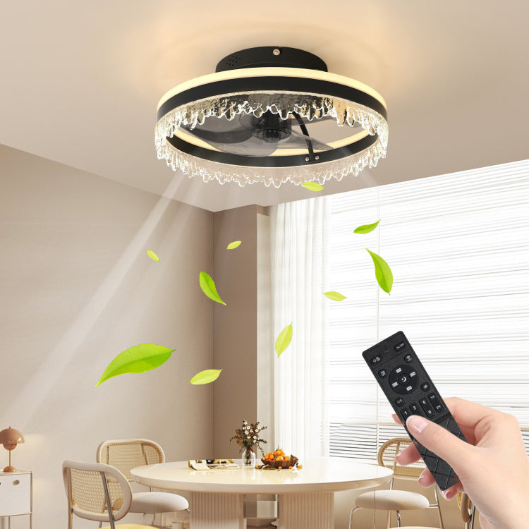 Modern Led With Light 16'' Dimmable Ceiling Light With Invisible Blades And Crystal Design, Remote Control & Adjustable Color Temperature, Quiet Fan For Bedroom, Living Room,Black