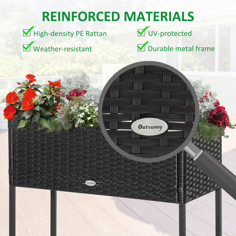 Outsunny Raised Garden Bed, Elevated Planter Box With Rattan Wicker Look, Tool Storage Shelf, Portable Design For Herbs, Vegetables, Flowers, Black