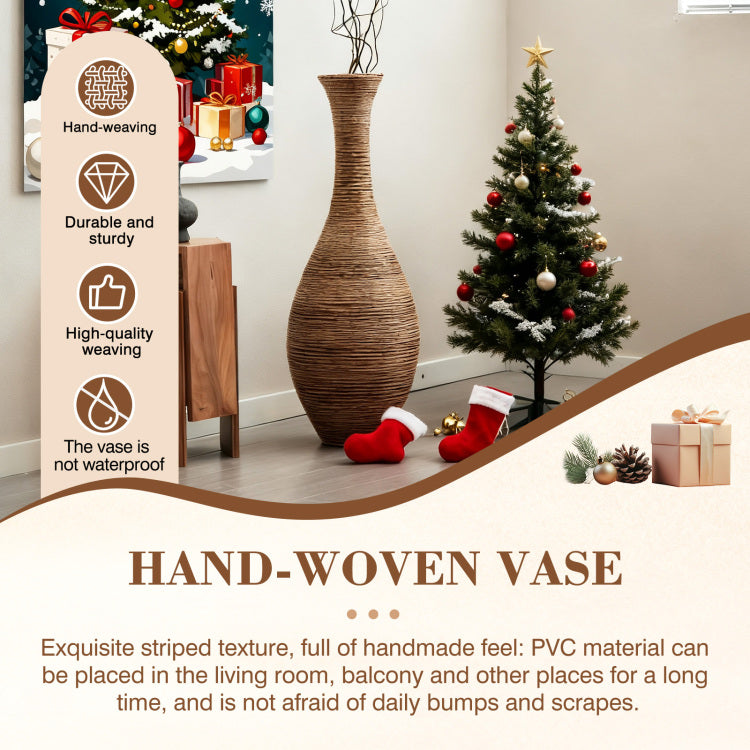 Hand Woven Pvc Rattan Floor Vase, 39.37 Inch Tall Decorative Vase For Home Decor, Beigegreytwo Tone Farmhouse Vase For Living Room, Bohemian & Coastal Style