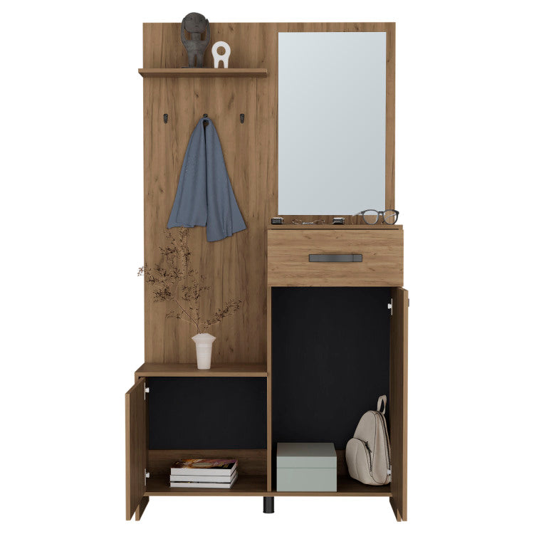 Parker 75" Tall Mirrored Tree Hall With Hangers, Three Shelves, Two Cabinets, One Drawer, Entry Way, Console Table, Living Room Light Oak