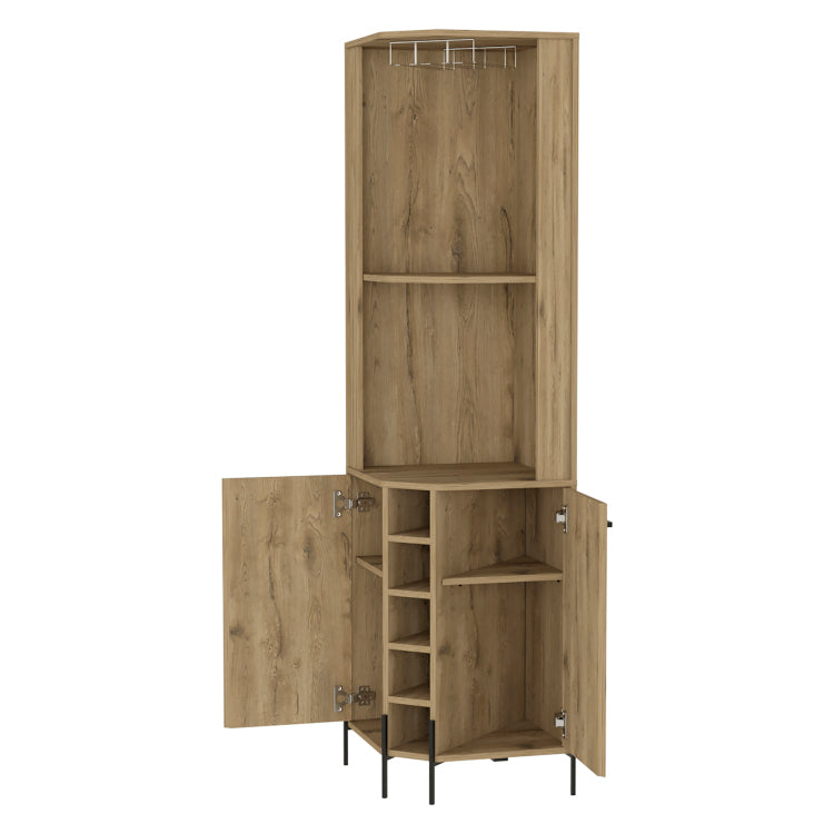 Reese Corner Bar Cabinet, Two Shelves, Double Door Cabinet, Five Built In Wine Rack, Four Interior Shelves