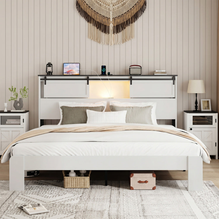 King Size Bed, Metal Bed Frame With Charging Station, No Need For Box Spring, White , No Noise, Easy To Assemble