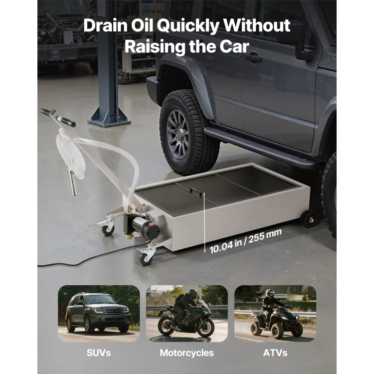 Low Profile Oil Drain Pan, 20 Gallon Capacity, Rolling Oil Drain Pan With Electric Pump, 7.2 Ft Hose & T Folding Handle, Leak Proof & Corrosion Resistant, Fit For Cars, Suvs, Trucks, Atvs, White