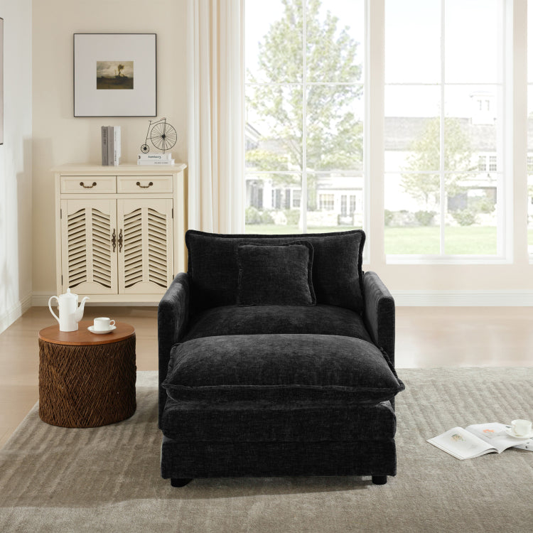 Modern Accent Chair With Ottoman, Living Room Club Chair Chenille Upholstered Armchair , Reading Chair For Bedroom, Black Chenille