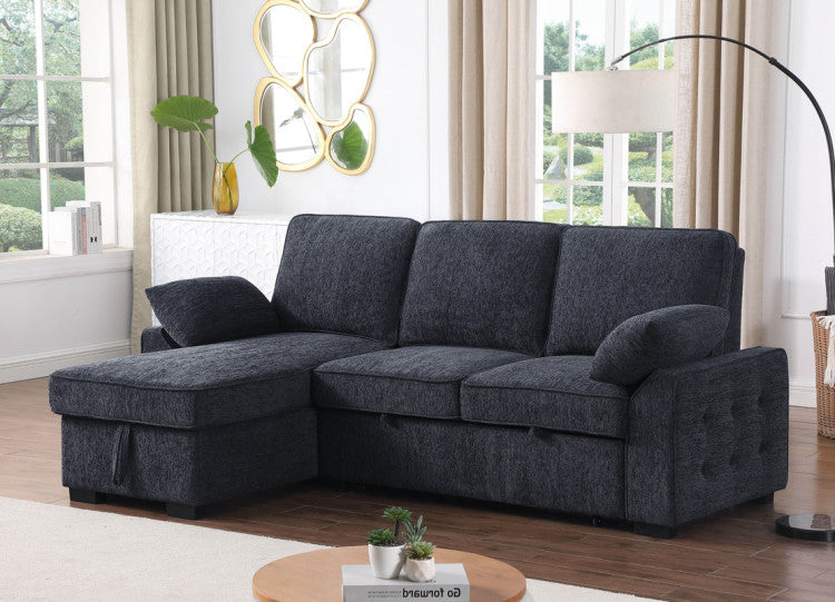 Marcello 91"W Charcoal Chenille Fabric Reversible Sleeper Sectional With Storage Chaise, Drop Down Table, Cup Holders And Charging Ports