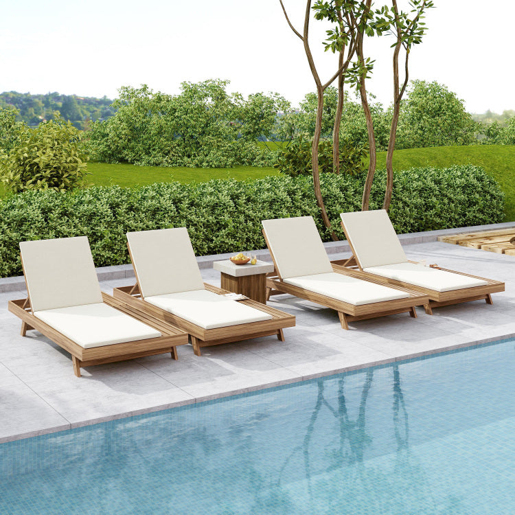 Lounge Chaise Set, Space Available On One Side, Acacia Wood In Light Brown With Water Resistant Lounge Cushions Cream & 2 Inch Thick Matching Dark Grey Leaf Coconut Version Available