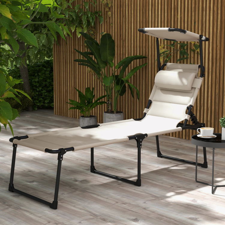 Outsunny Outdoor Lounge Chair, Adjustable Backrest Folding Chaise Lounge, Cushioned Tanning Chair W Sunshade Roof & Pillow Headrest For Beach, Camping, Hiking, Cream White
