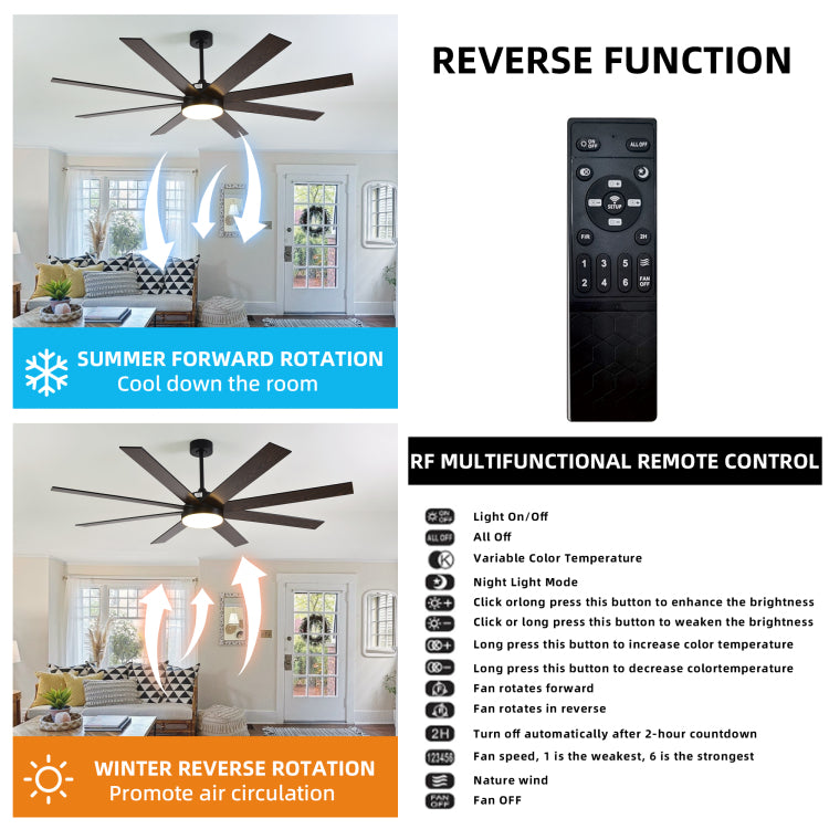 72" With Light, 6 Speed Remote Control, Reversible Dc Motor, Modern 8 Blades With 6" 12" 19.5" Downrods For Home Or Commercial Black Walnut