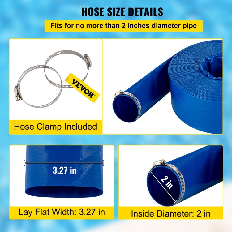 Discharge Hose, 2" X 105', Pvc Fabric Lay Flat Hose, Heavy Duty Backwash Drain Hose With Clamps, Weather Proof & Burst Proof, Ideal For Swimming Pool & Water Transfer, Blue