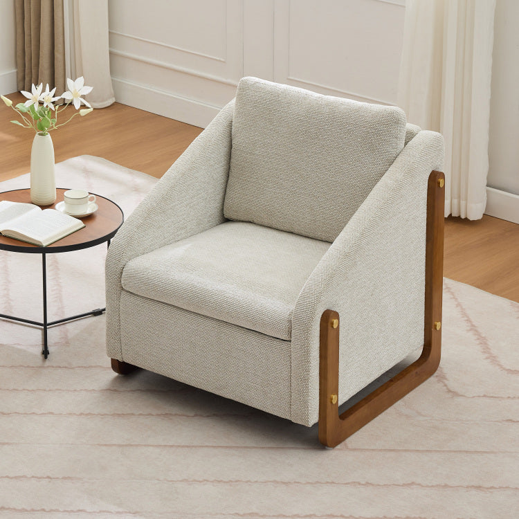 057 Set Of 1 Chenille Fabric Modern Upholstered Armchair With Wooden Side Frame , Accent Leisure Chair With Cushioned Seat And Backrest For Living Room, Bedroom,Beige