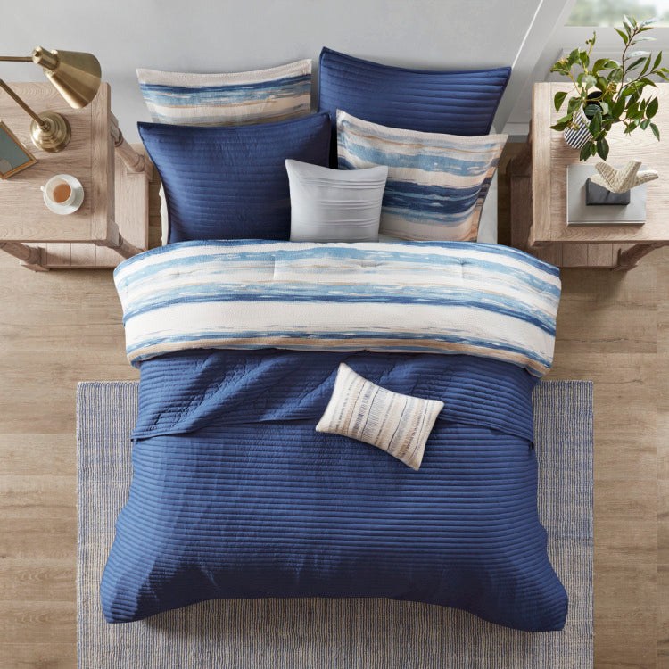 8 Piece Printed Seersucker Comforter And Quilt Set Collection Blue Full Queen