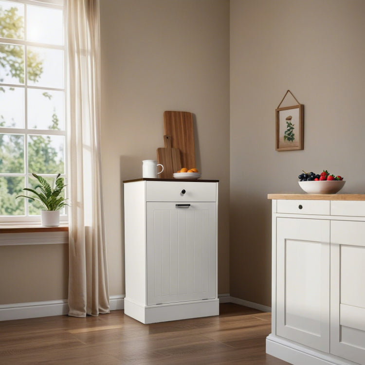 Tilt Out Trash Can Cabinet, Hidden Wooden Trash Can Cabinet With Drawer, Free Standing Garbage Cabinet For Kitchen, 10 Gallon Farmhouse Laundry Hamper Cabinet For Kitchen, Living Room White