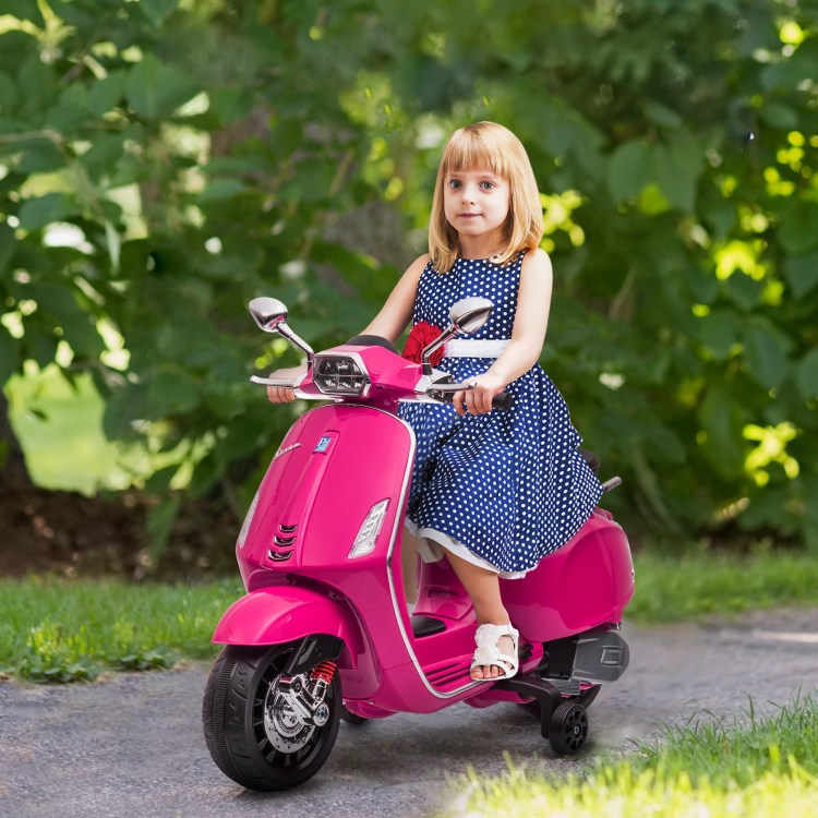 Qaba Vespa Licensed Electric Motorcycle For Kids, 6V Toddler Motorcycle, Battery Operated Motorbike For Kids With Music, Fm Radio, Headlight, Single Button Start For 3 6 Years, Pink