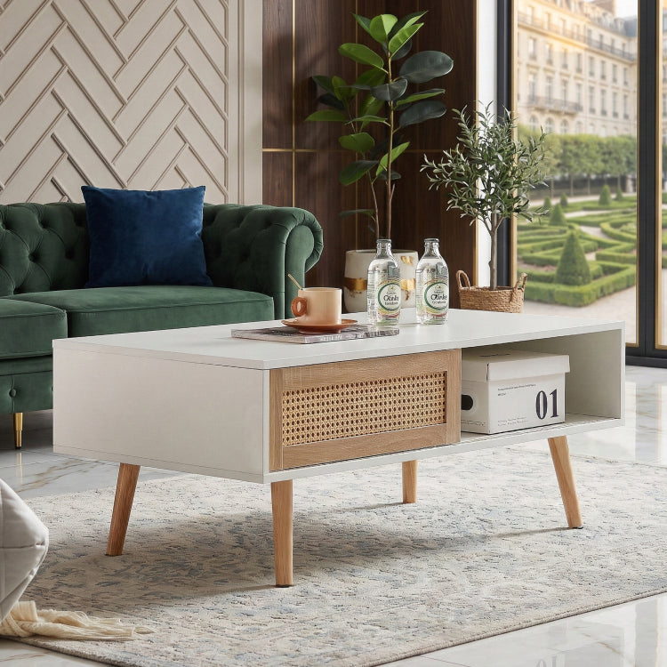 41.34" Rattan Coffee Table, Sliding Door For Storage, Solid Wood Legs, Modern Table For Living Room ,White