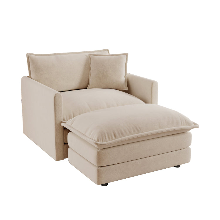 Modern Accent Chair With Ottoman, Living Room Club Chair Chenille Upholstered Armchair , Reading Chair For Bedroom, Light Coffee Chenille