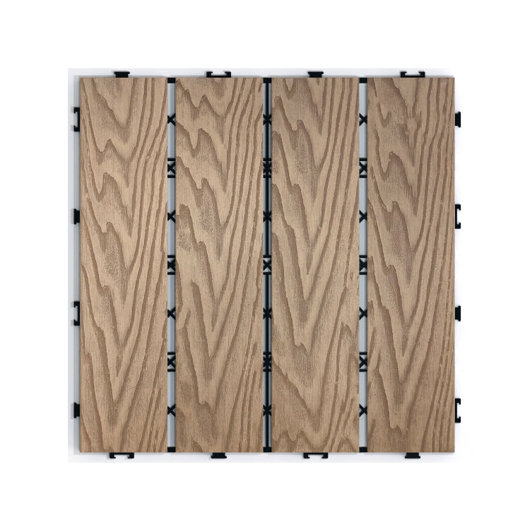 Patio Floor Tiles Pack Of 11 Wpc Wood Plastic Composite Patio Deck Tiles Diy Interlocking Decking Tiles, Quick Deck Floor Tile, Court Tile, Water Resistant Indoor Outdoor 11.8" 3D Teak