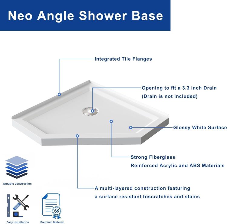 Goodyo Neo Angle Frameless Shower Door 36 In. D X 36 In. W X 72 In. H Corner Shower Enclosure With White Acrylic Shower Base Combo, Pivot Shower Door In Matte Black Finish