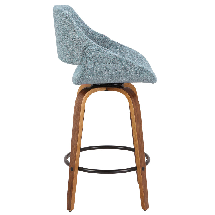 Mid Century Modern Counter Stool In Walnut And Blue Noise Fabric