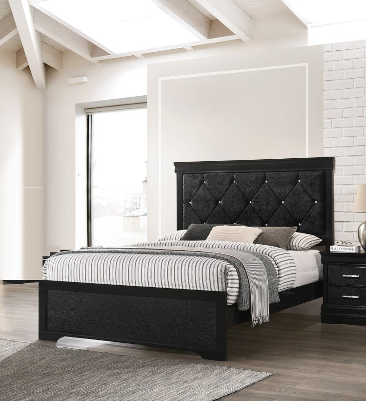 Modern 1Pc Black Finish Queen Size Panel Bed Wooden Fabric Upholstered Headboard Crystal Like Button Tufted Fabric Bedroom Furniture