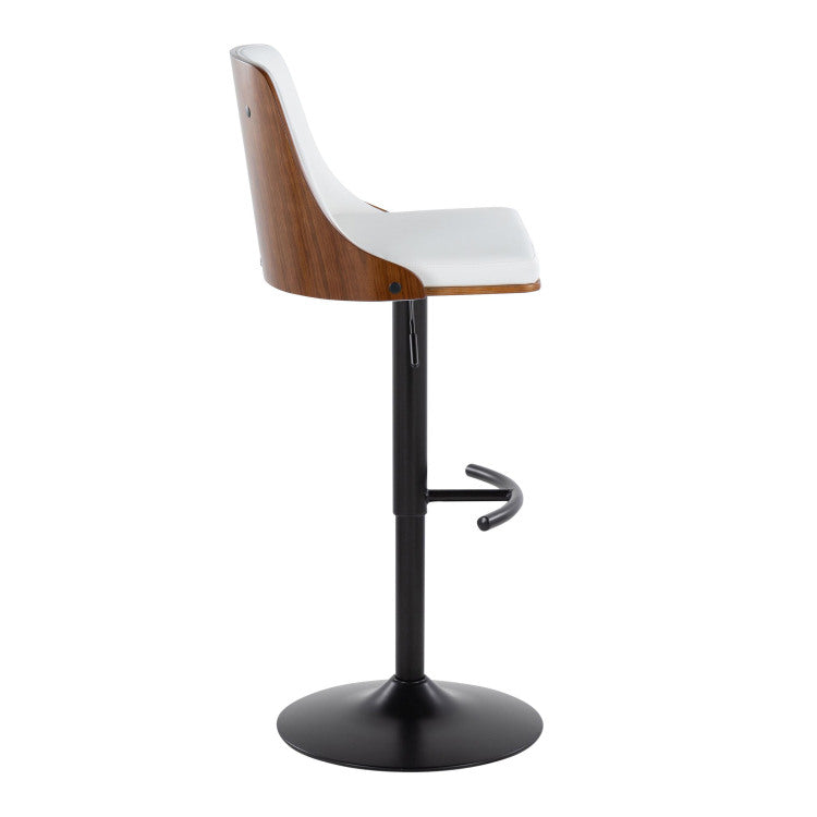 Mid Century Modern Adjustable Barstool With Swivel In Black Metal, Walnut Wood And White Faux Leather With Rounded T Footrest Set Of 2