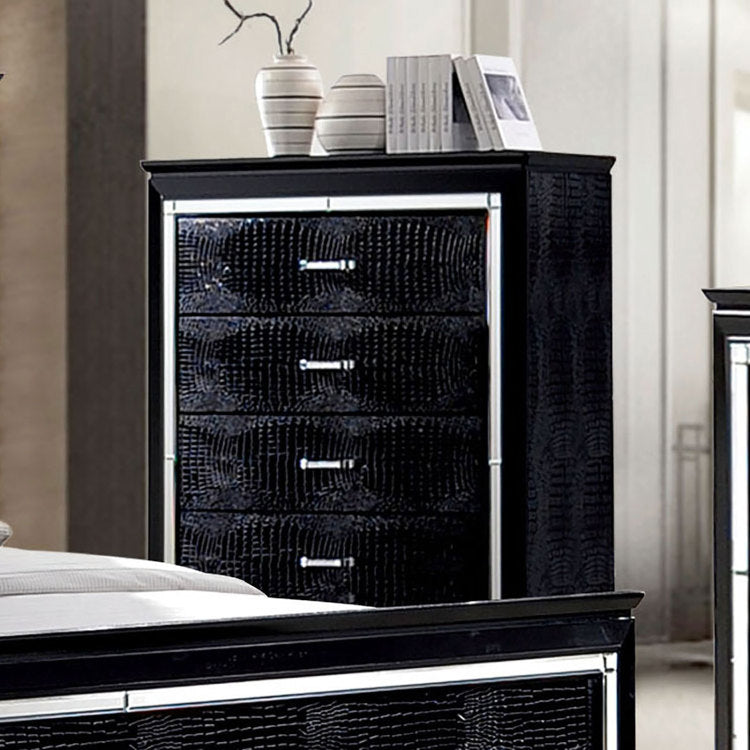1Pc Chest Crocodile Texture Contemporary Style Diamond Crusted Handle English Dovetail Five Drawers 3Mm Mirror Black Finish
