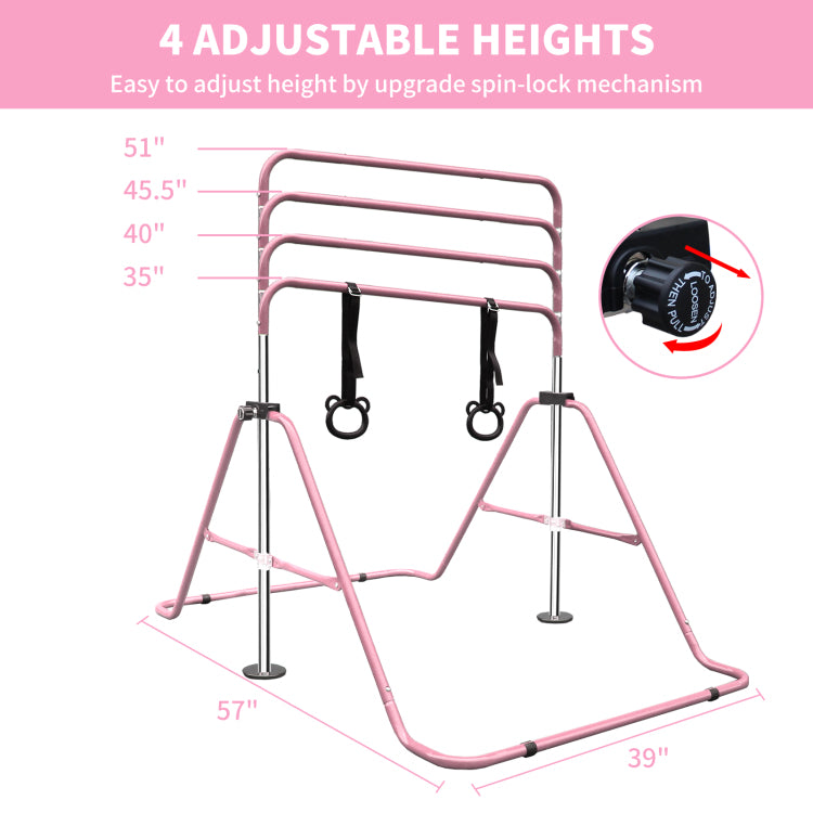 Pink Multi Functional Adjustable Height Children'S Horizontal Gymnastic Bar With Bear Rings