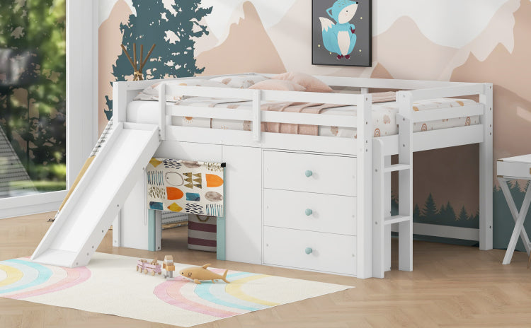 Full Size Low Loft Bed With Slide,Three Storage Drawers And Two Doors,White
