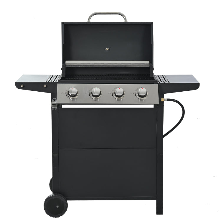 Propane Gas Grill 4 Burner Barbecue Grill, Stainless Steel 34,000 Btu Patio Garden Barbecue Grill With Two Shelves, Lid, Wheels And Bottle Opener