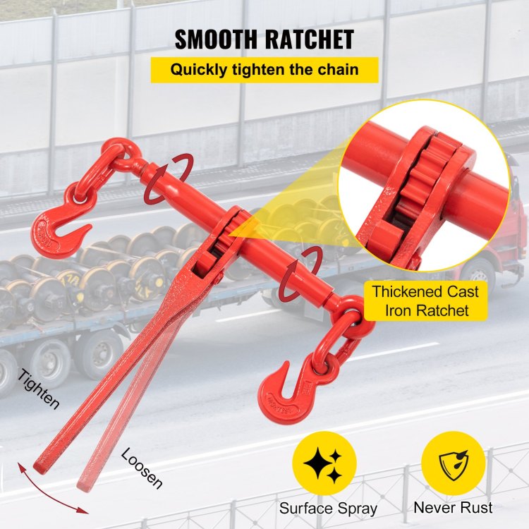 Chain Load Binder, 5 16" Tie Down Kit W 6600Lbs Working Load Capacity And Two Grab Hooks, Includes 4 Ratchet Binders 4 21' Grade 80 Chains, Transport Load Package For Hauling, Towing