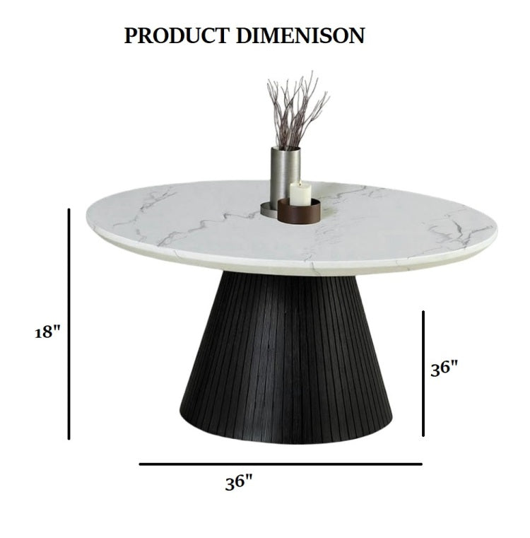 Contemporary Style Round Cocktail Table Faux Marble Top Reeded Drum Base Black Finish Primary Living Room