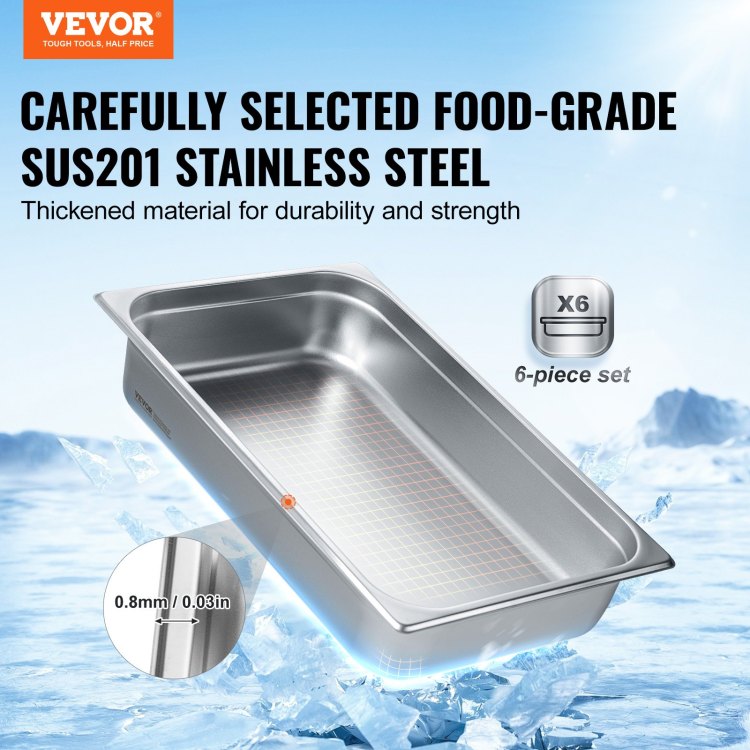 6 Pack Hotel Pans, Full Size Anti Jam Steam Pan, 0.8Mm Thick Stainless Steel Restaurant Steam Table Pan, 4 Inch Deep Commercial Table Pan, Catering Storage Food Pan, For Industrial & Scientific
