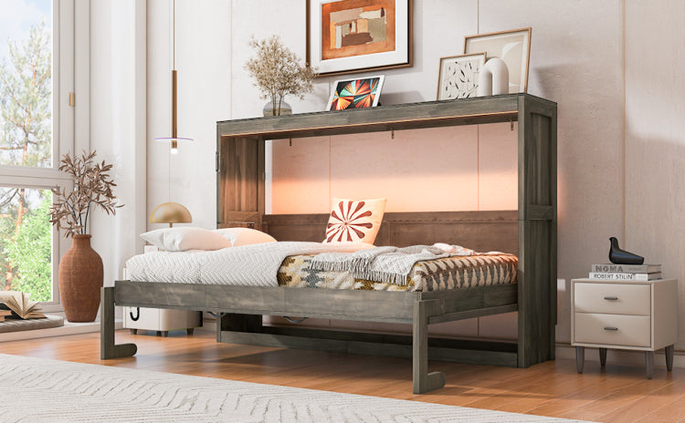Twin Size Murphy Bed With Led Light,Can Be Folded Into A Cabinet,Hidden Wall Bed Cabinet,Brown