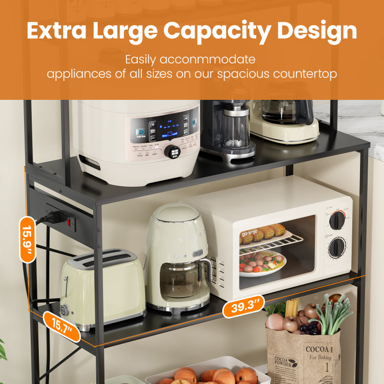 Large 5 Tier Bakers Rack With Electrical Outlets, 39 Inch Microwave Stand & Coffee Bar, Kitchen Storage Shelf For Home, Counter Space Organizer