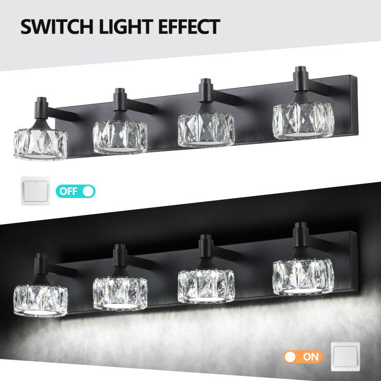 Modern 4 Light Matte Black Led Vanity Light Fixture With Crystal Glass Shades, Bathroom Wall Sconce For Elegant And Contemporary Home Decor