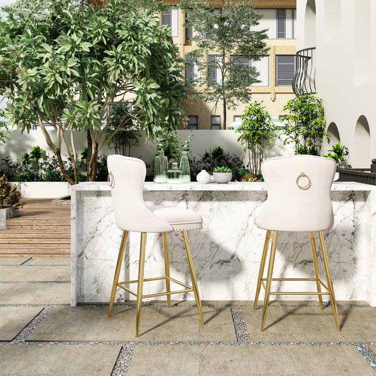 Bar Stools Set Of 2, Velvet Counter Height Bar Stools With Metal Legs, Button Tufted And Nailheads Trim, Wing Back Bar Chairs For Kitchen Island Dining Room Pub, Beige
