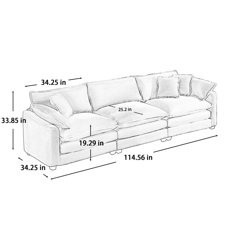 Mid Century Modern Sofa 3 Seater Sectional Sofa With 2 Arm Pillows And 3 Throw Pillows, Light Beige Corduroy Fabric