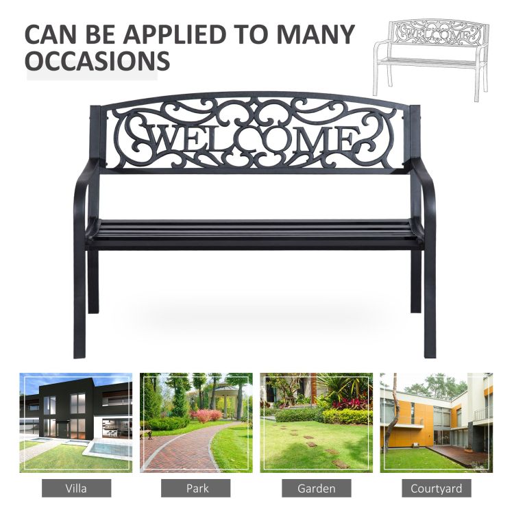 Outsunny 50" Outdoor Metal Welcome Bench, Garden Bench With Slatted Seat, Patio Bench For Park, Porch, Yard, Entryway, Black
