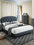 Full Size 1Pc Bed Nailhead Trim Button Tufted Burlap Fabric Charcoal Finish Bedroom Furniture