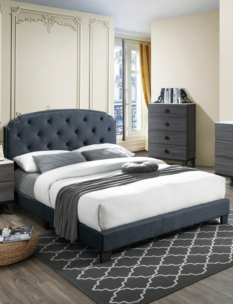 Full Size 1Pc Bed Nailhead Trim Button Tufted Burlap Fabric Charcoal Finish Bedroom Furniture