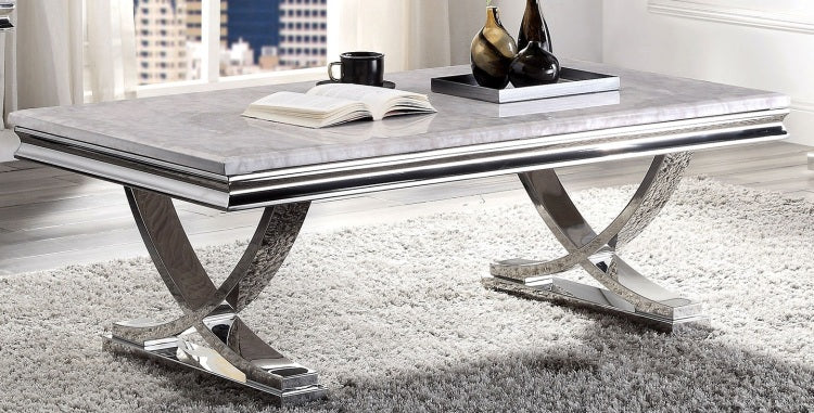 Modern Glam Style Coffee Table With 18Mm Faux Marble On Top Pedestal Base Metal Structure Stainless Steel Chrome Finish