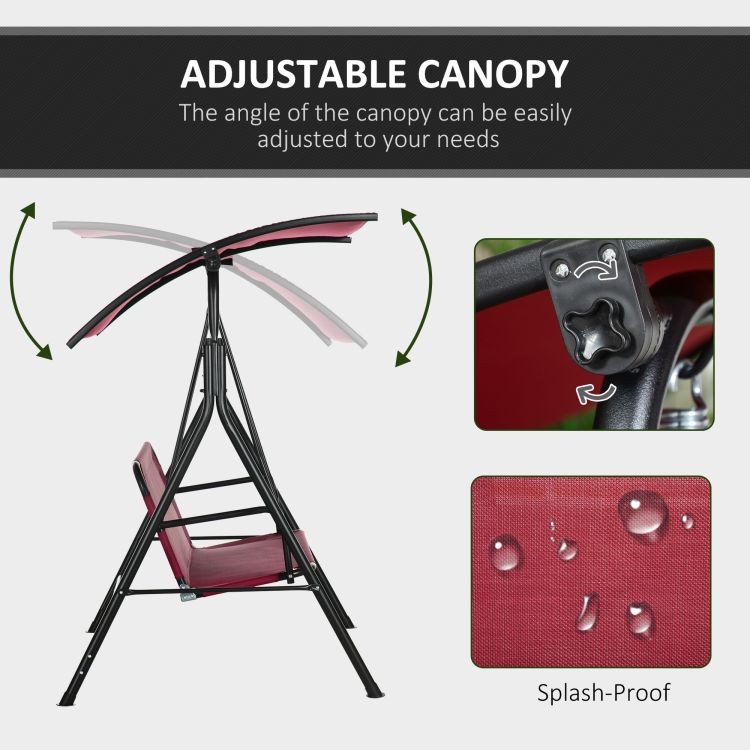 Outsunny 3 Person Porch Swing Bench With Stand & Adjustable Canopy, Armrests, Steel Frame For Outdoor, Garden, Patio, Porch & Poolside, Wine Red