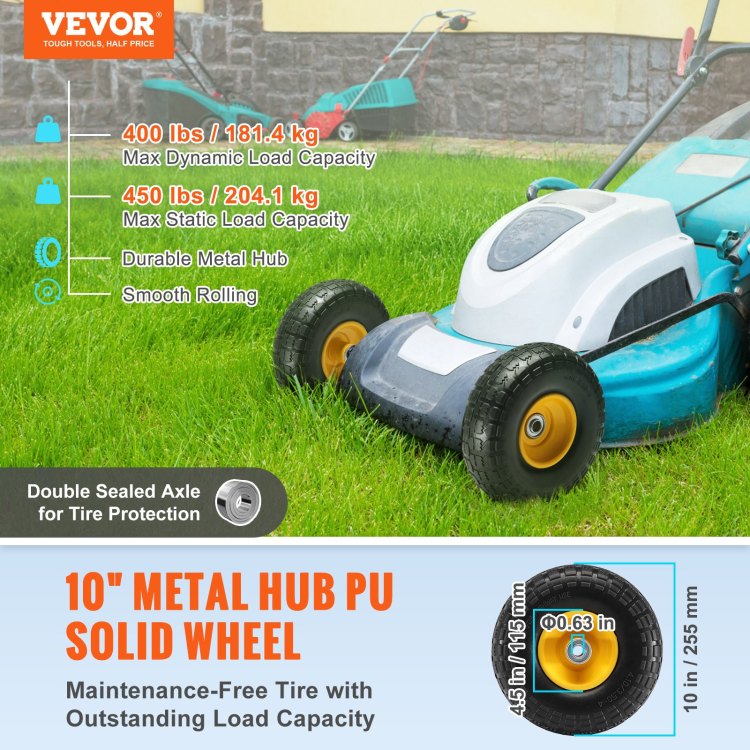 Solid Pu Run Flat Tire Wheel, 10", 2 Pack, 400 Lbs Dynamic Load, 450 Lbs Static Load, Flat Free Tubeless Tires And Wheels For Hand Truck, Utility Cart, Dollies, Garden Trailers, Various Carts