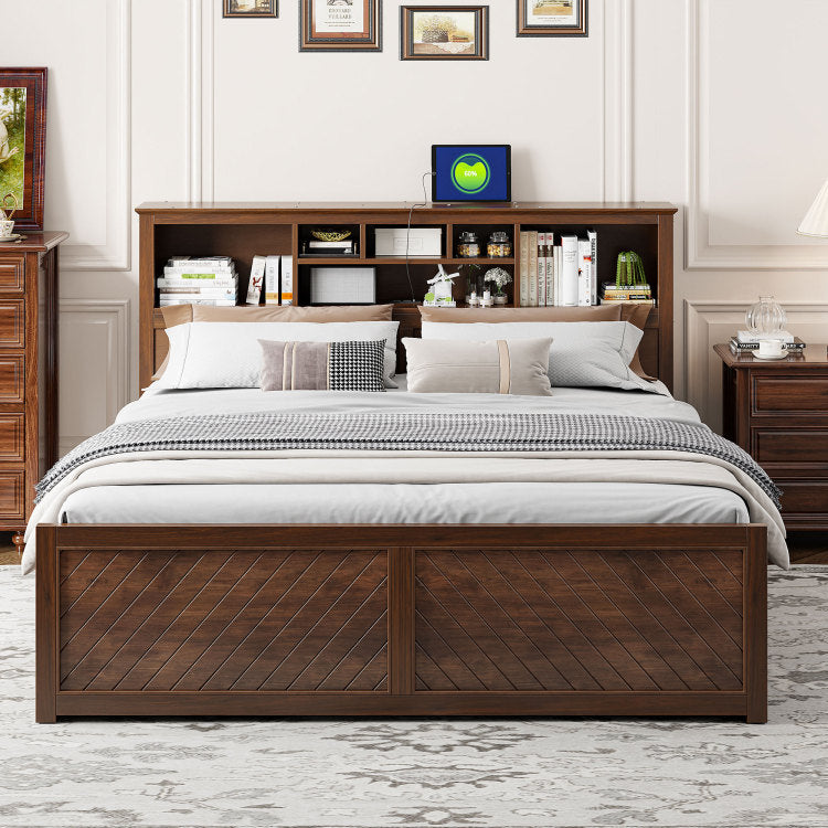 King Size Wood Platform Bed With Multi Storage Headboard, Usb And Drawers, Antique Wood Color