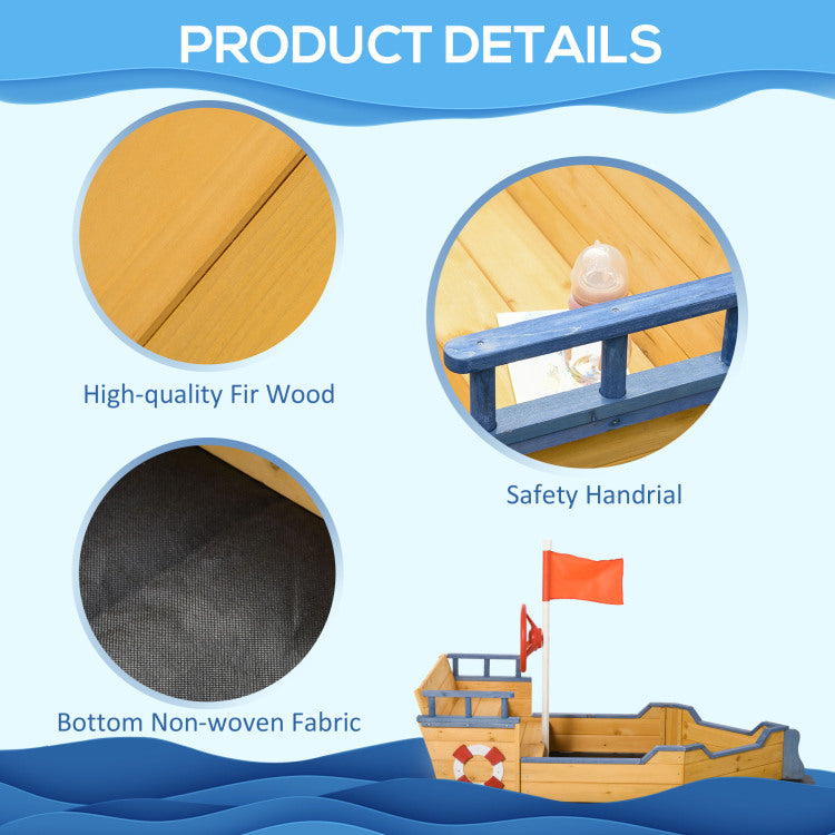 Outsunny Wooden Kids Pirate Sandbox, Outdoor Sandboat With Bench Seats, Storage, Non Woven Fabric Cloth For Backyard, Lawn
