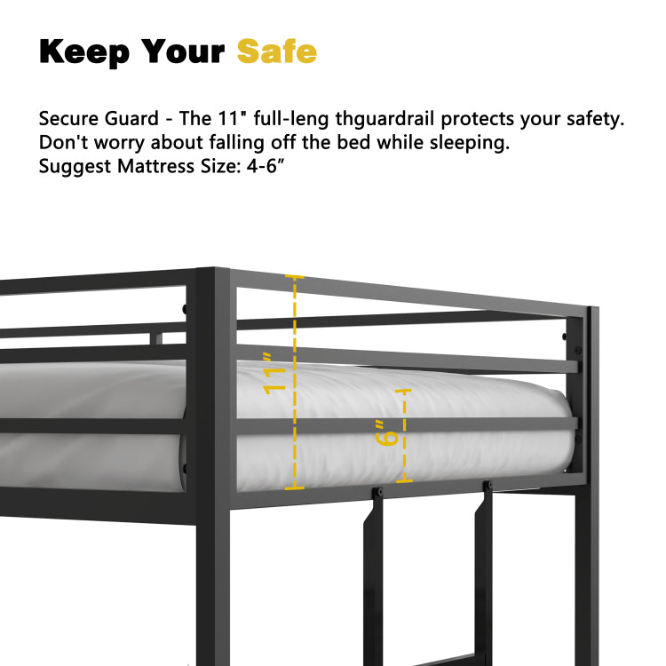 Adam Sturdy Twin Over Twin Bunk Bed Metal Black For Kids And Adult, Twin Over Twin Bunk Bed With Ladder And Guardrails, Easy Climbing, Beds For Bedroom