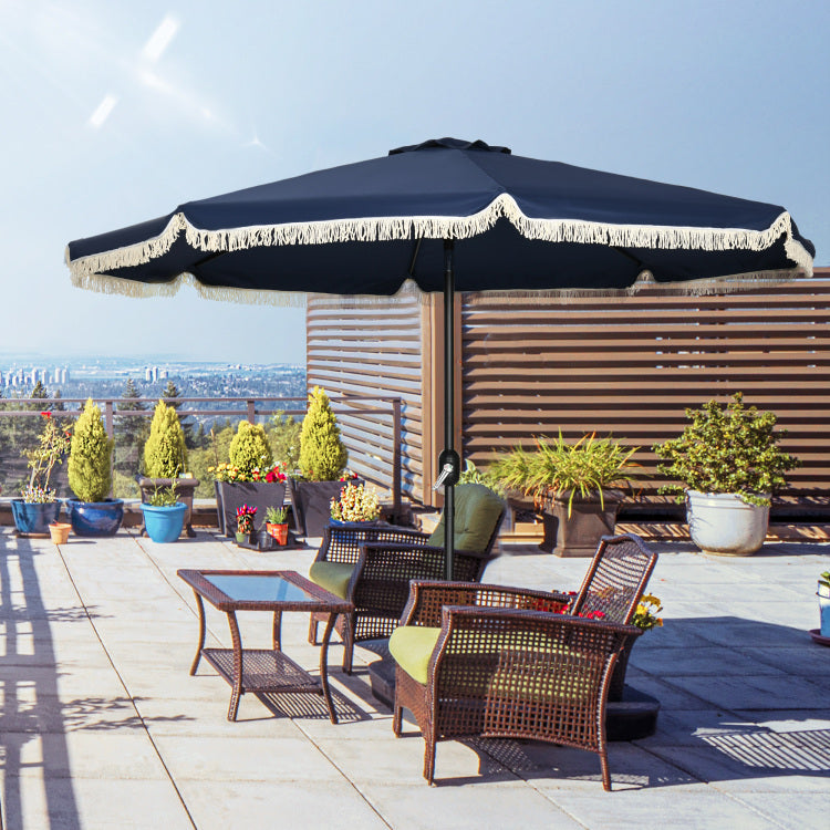 Outsunny 9Ft Patio Umbrella With Push Button Tilt And Crank, Ruffled Outdoor Market Table Umbrella With Tassles And 8 Ribs, For Garden, Deck, Pool, Dark Blue