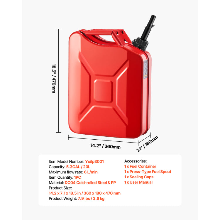 Metal Fuel Container, 5.3 Gallon, Fuel Jerry Can With Spout And Comfort Handle, 6 L Min Max Flow Rate, Leakproof & Corrosion Resistant Metal Gas Tank Most Cars Motorcycle Atv Utv, Red