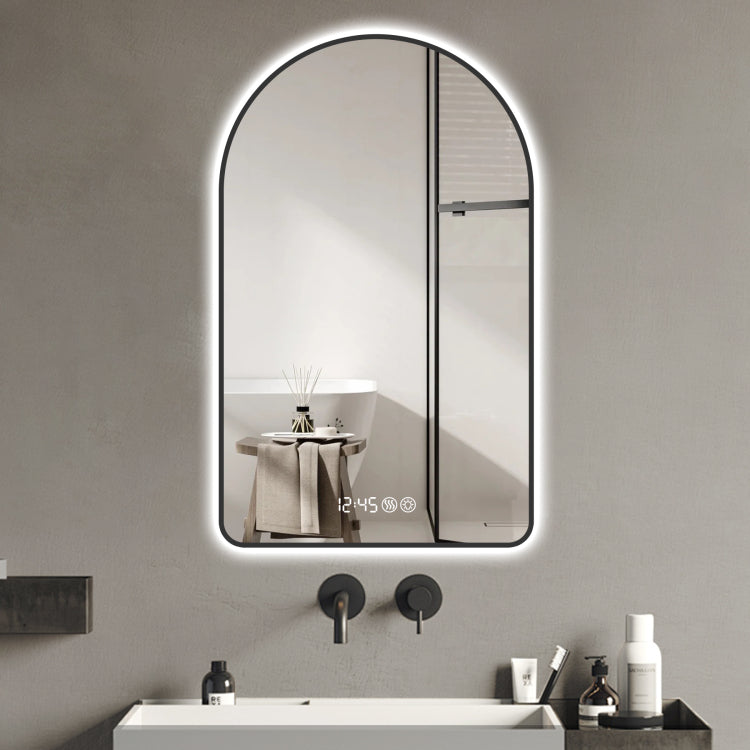 28"X48"Arched Led Mirror For Bathroom,Time And Temperature Display, Backlight, Anti Fog, Dimmable, With Three Color Temperatures Modern Vanity Light Mirror, Perfect For Over Sink,Black Frame