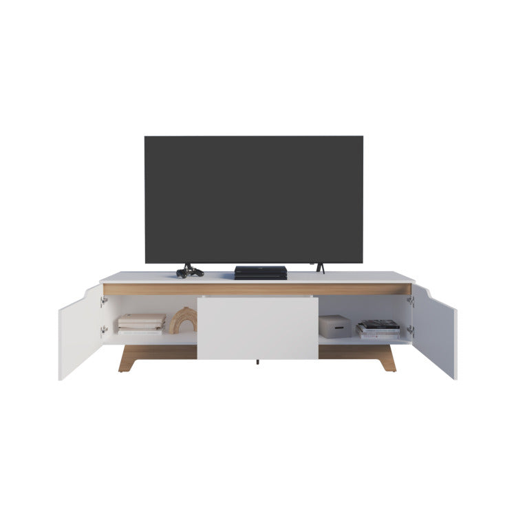 Woodall Tv Stand, Two Doors Modern Entertainment Center, Open Shelves And Cable Management, White Natural Oak